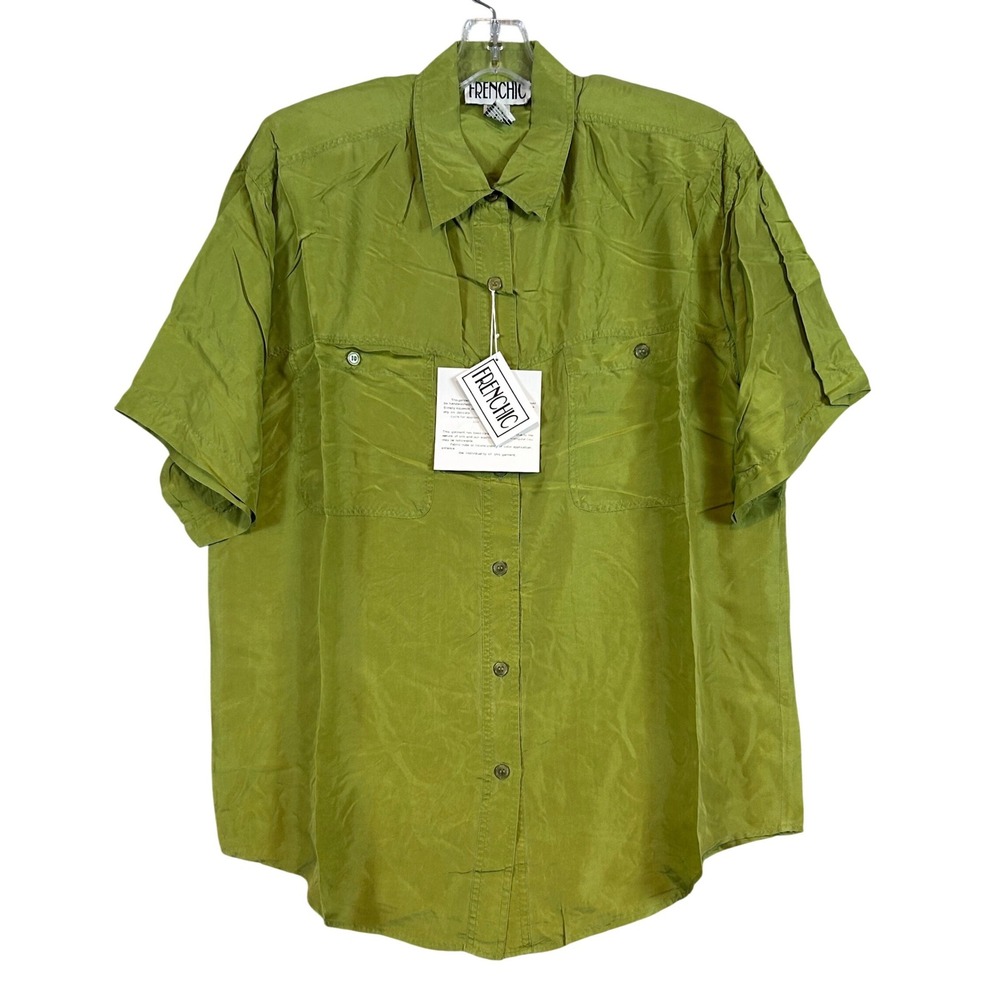 NWT Vintage Women Green Silk Short Sleeve Button Up Shirt Frenchic Lrg. Classic